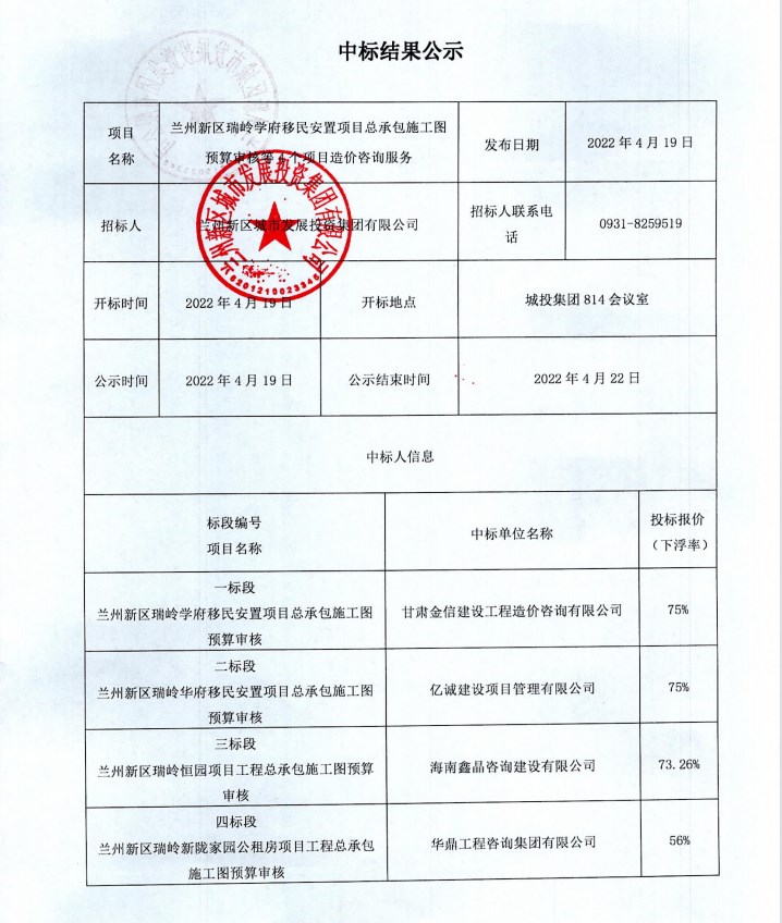 兰州新区瑞岭学府移民安顿项目总承包施工图预算审核等4个项目造价咨询服务-兰州新区AB娱乐集团门户网站