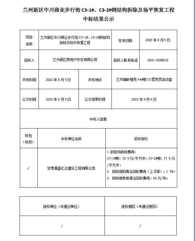 兰州新区中川商业步行街C3-1#、C3-2#钢结构拆除及场平恢复工程中标效果公示-兰州新区AB娱乐集团门户网站