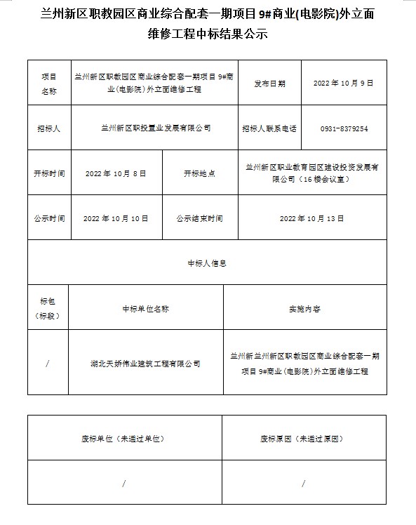 兰州新区职教园区商业综合配套一期项目9#商业(影戏院)外立面维修工程中标效果公示-兰州新区AB娱乐集团门户网站