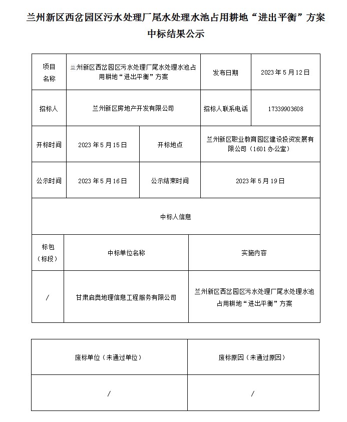 兰州新区西岔园区污水处理厂尾水处理水池占用耕地“收支平衡”方案中标效果公示-兰州新区AB娱乐集团门户网站