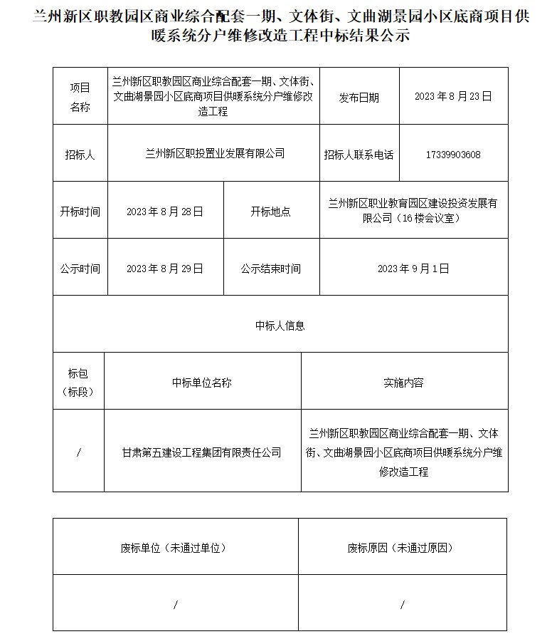 兰州新区职教园区商业综合配套一期、文体街、文曲湖景园小区底商项目供暖系统分户维修刷新工程中标效果公示-兰州新区AB娱乐集团门户网站