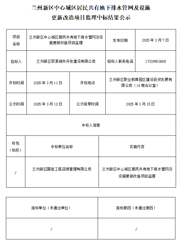 兰州新区中心城区住民共有地下排水管网及设施更新刷新项目监理中标效果公示-兰州新区AB娱乐集团门户网站