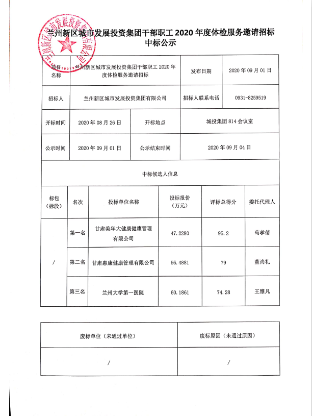 兰州新区都会生长投资集团干部职工2020年度体检服务约请招标中标公示-兰州新区AB娱乐集团门户网站