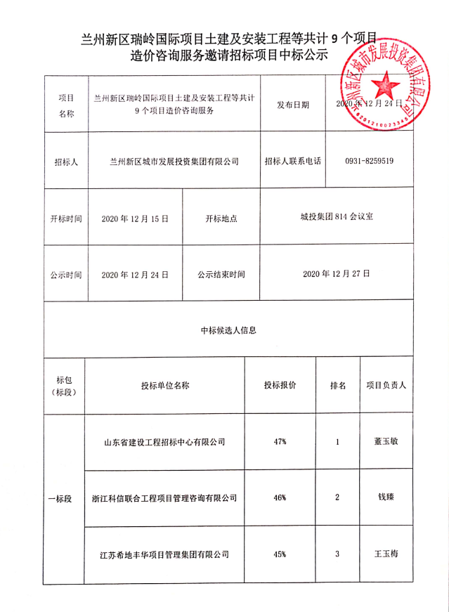 兰州新区瑞岭国际项目土建及装置工程等共计9个项目造价咨询服务约请招标项目中标公示-兰州新区AB娱乐集团门户网站