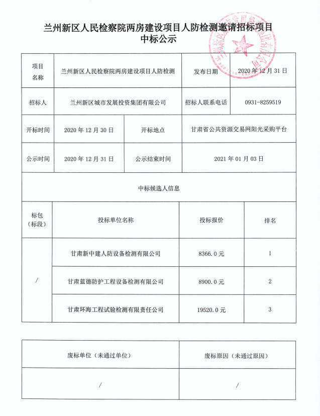 兰州新区人民审查院两房建设项目人防检测约请招标项目中标公示-兰州新区AB娱乐集团门户网站