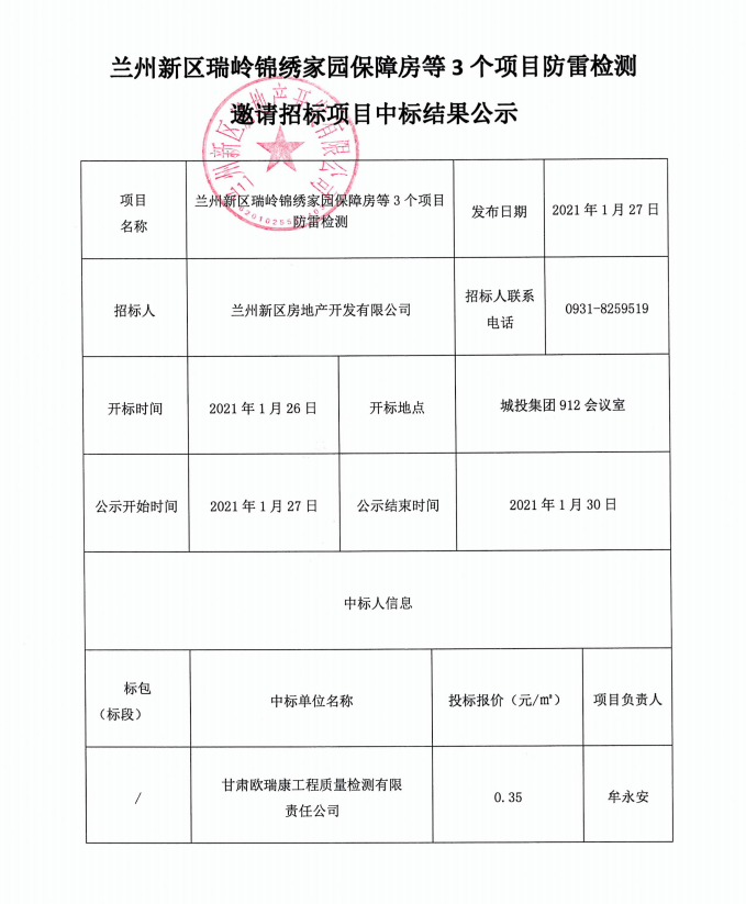 兰州新区瑞岭漂亮家园包管房等3个项目防雷检测约请招标项目中标效果公示-兰州新区AB娱乐集团门户网站