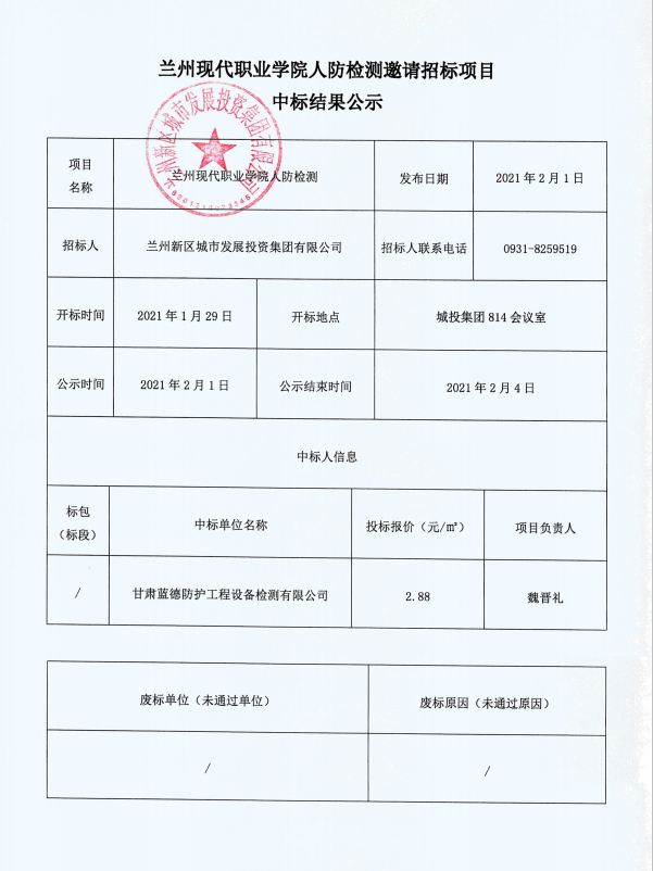 兰州现代职业学院人防检测约请招标项目中标效果公示-兰州新区AB娱乐集团门户网站