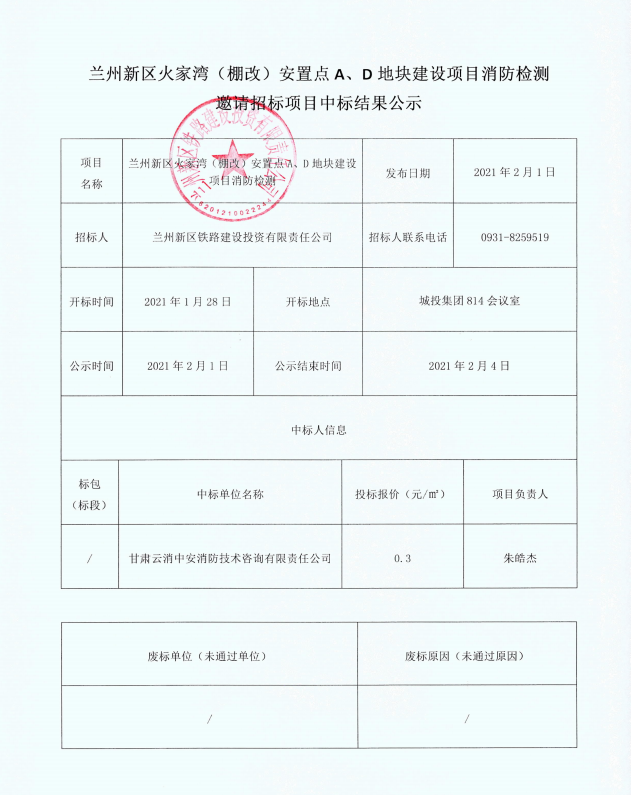 兰州新区火家湾（棚改）安顿点A、D地块建设项目消防检测约请招标项目中标效果公示-兰州新区AB娱乐集团门户网站