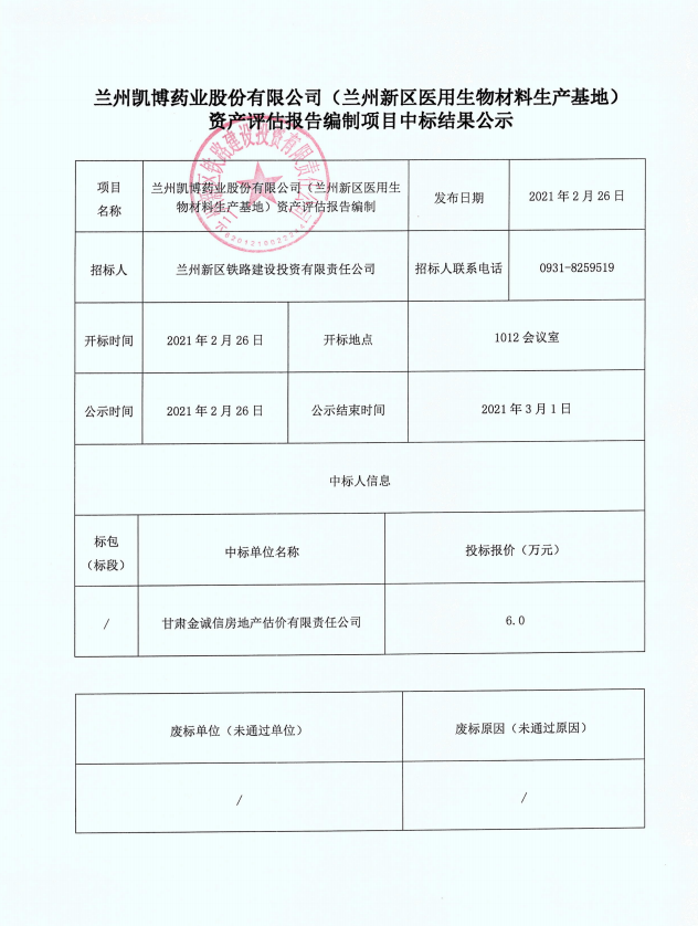 兰州凯博药业股份有限公司（兰州新区医用生物质料生产基地）资产评估报告体例项目中标效果公示-兰州新区AB娱乐集团门户网站