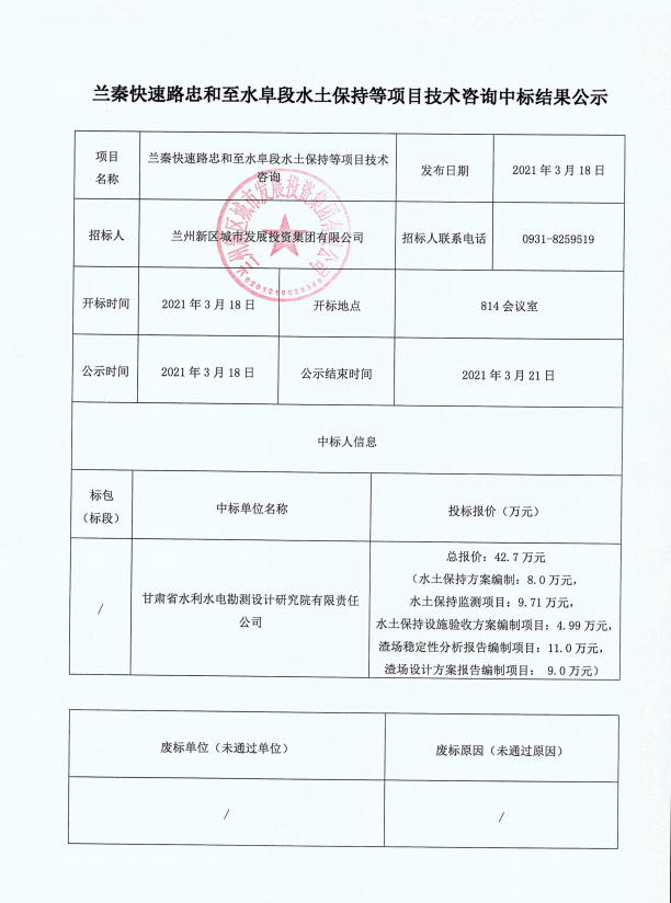 兰秦快速路忠和至水阜段水土坚持等项目手艺咨询中标效果公示-兰州新区AB娱乐集团门户网站