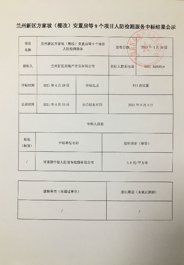 兰州新区方家坡（棚改）安顿房等9个项目人防检测服务中标效果公示-兰州新区AB娱乐集团门户网站